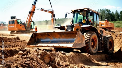 Driving a large orange construction vehicle excavator. The vehicle is surrounded by a crane. Concept of hard work and productivity