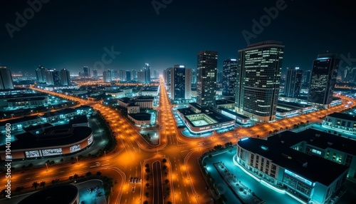 Fototapeta Naklejka Na Ścianę i Meble -   Bright city lights illuminate the night skyline