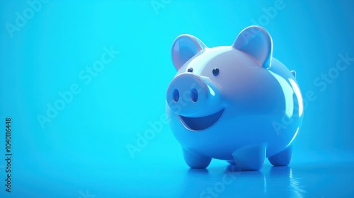 Blue piggy bank with a playful smile, on a vibrant blue background. generative ai