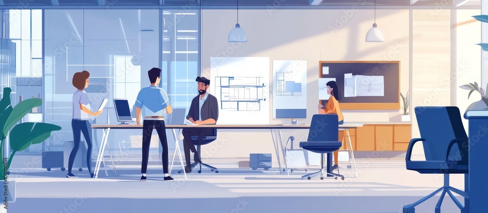 Four coworkers in a modern office working at their desks and having a meeting around a long table with a blueprint hanging behind them. Four coworkers in a modern office working at their desks and having a meeting around a long table with a blueprint hanging behind them.