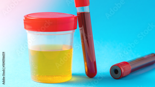 A yellow container with a red lid and a red tube next to it. The container is a urine sample cup and the tube is a blood sample