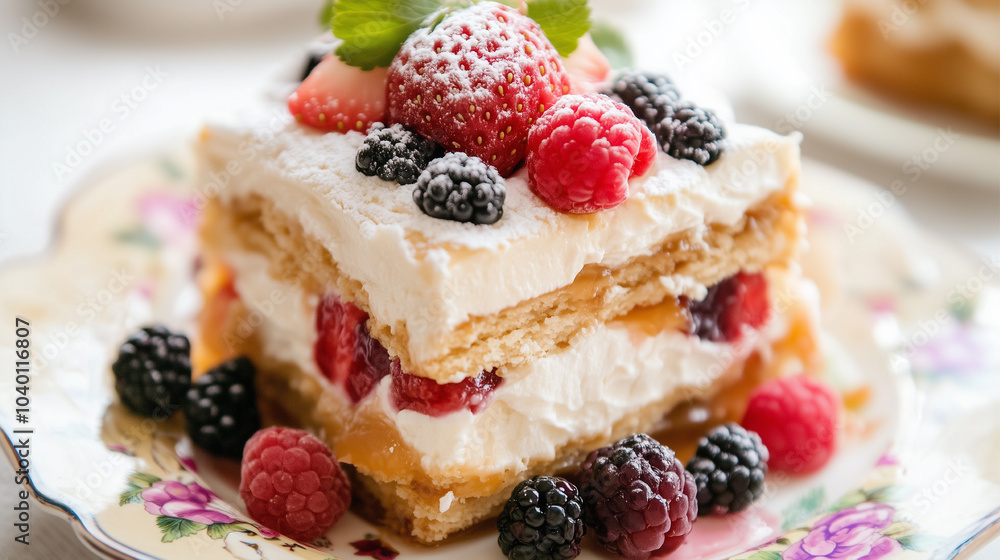 A dessert with strawberries and raspberries on top of a white plate. The dessert is a layered cake with a strawberry and raspberry filling A dessert with strawberries and raspberries on top of a white plate. The dessert is a layered cake with a strawberry and raspberry filling