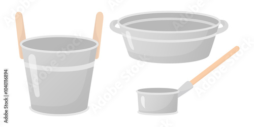 Set of Iron metal galvanized busket, basin, ladle with wooden handle flat style illustration. Sauna, bathhouse, farm, kitchen objects, design elements isolated on white. Vector illustration
