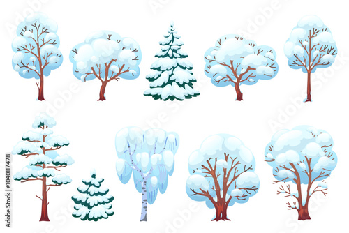 Cartoon winter trees. Snowy branches, coniferous and deciduous plants, christmas forest elements, pines, firs and birches, cold season nature. Vector flat style isolated illustration set