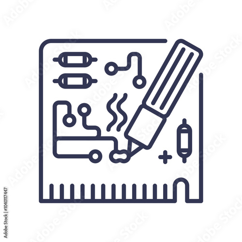 Circuit board design with pen symbolizing electronic assembly and innovation.