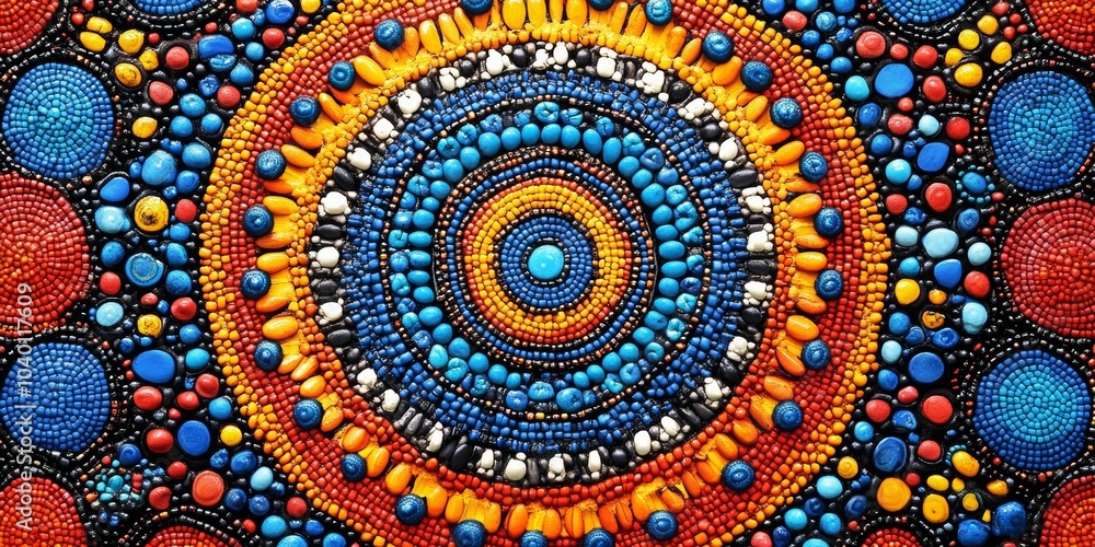 Vibrant African Mandala Textile, intricate beadwork patterns, rich colors, traditional craftsmanship, bold design elements Vibrant African Mandala Textile, intricate beadwork patterns, rich colors, traditional craftsmanship, bold design elements