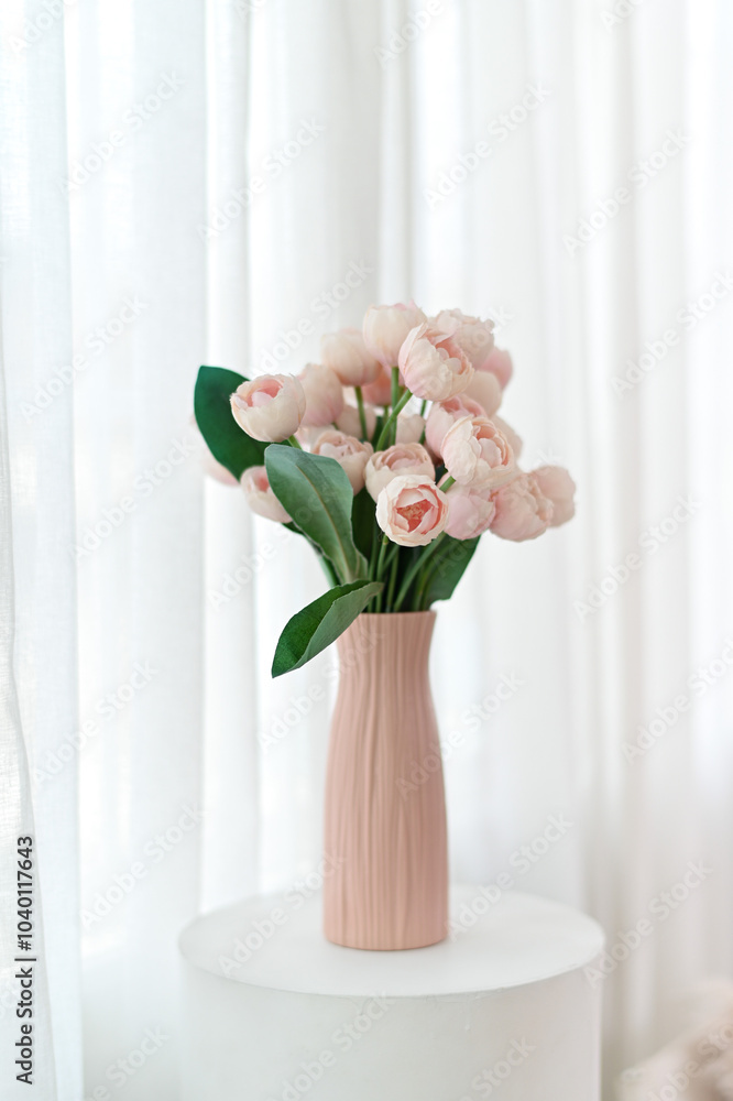 Naklejka premium beautiful arrangement of pink flowers in textured vase, set against soft, light backdrop. delicate petals and lush green leaves create serene and elegant atmosphere