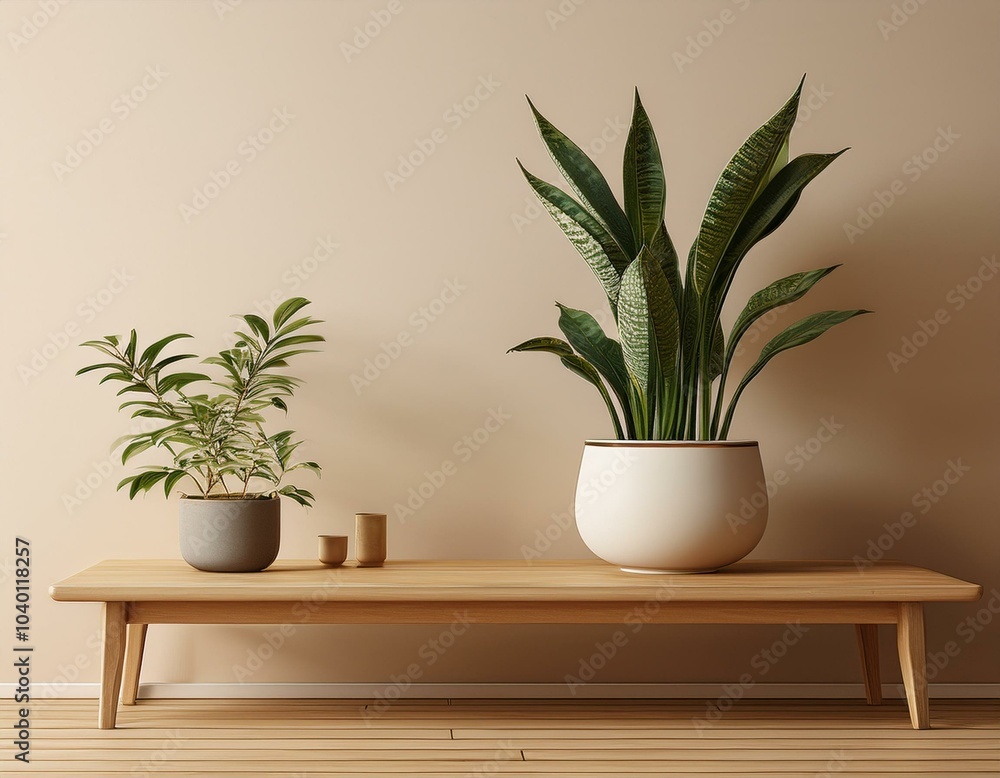 Fototapeta premium 3d rendering of a wooden side table with potted plants and a snake plant in a white pot on a light beige wall background a minimal home interior design of a modern living room