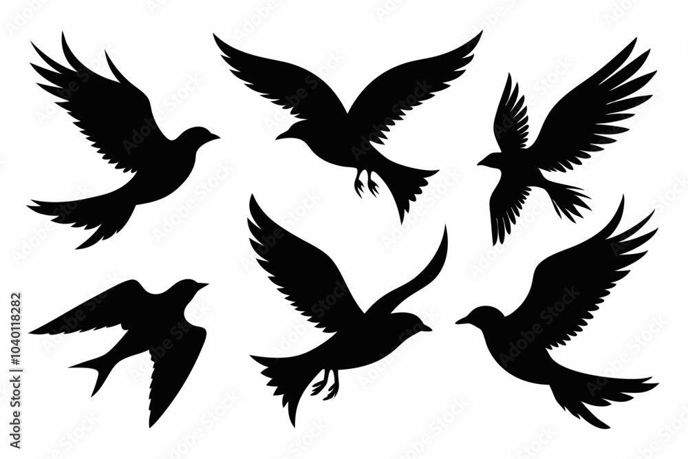 Fototapeta premium Flock of flying birds silhouette vector, Flying bird black silhouette vector set