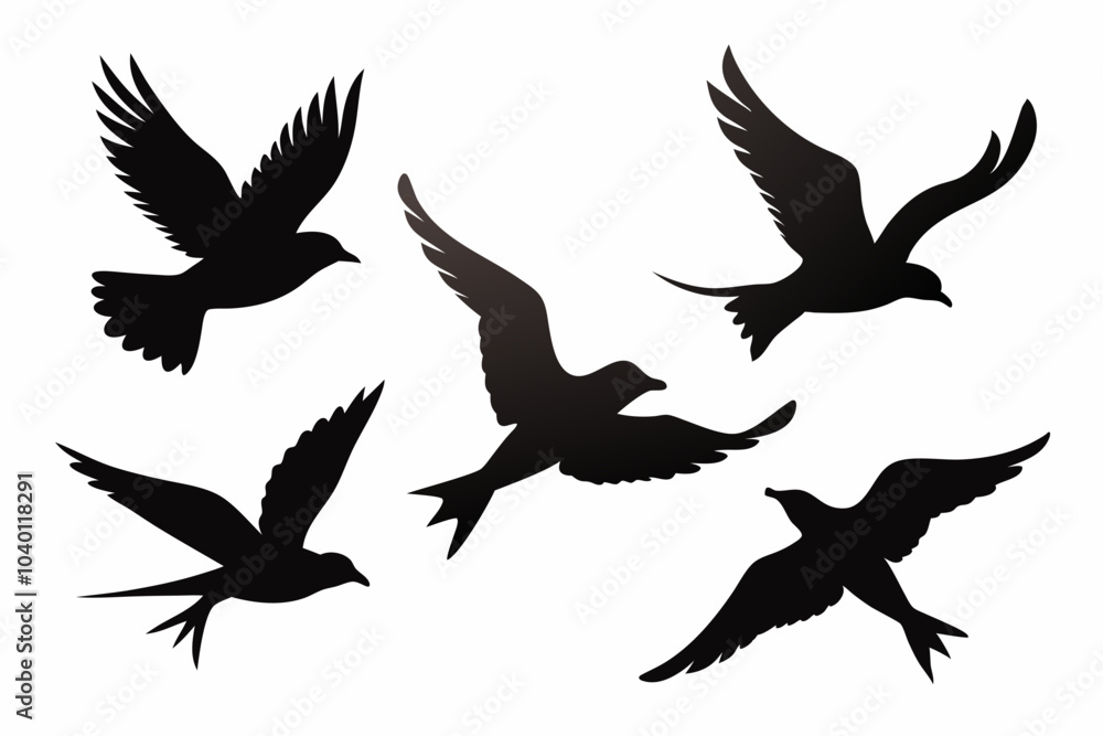 Flock of flying birds silhouette vector, Flying bird black silhouette vector set Flock of flying birds silhouette vector, Flying bird black silhouette vector set