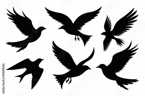 Flock of flying birds silhouette vector, Flying bird black silhouette vector set