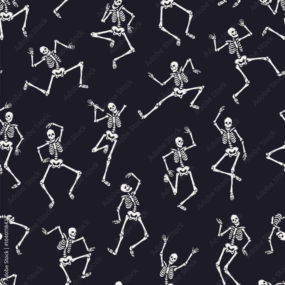 Cartoon skeletons dance seamless pattern. Halloween scary character in different poses, day of dead spooky mascot. Decor textile, wrapping, wallpaper. Print for fabric, tidy vector background Cartoon skeletons dance seamless pattern. Halloween scary character in different poses, day of dead spooky mascot. Decor textile, wrapping, wallpaper. Print for fabric, tidy vector background