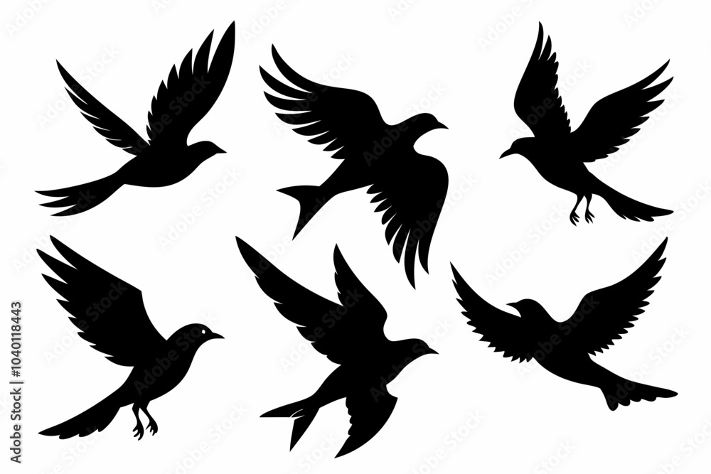 Flock of flying birds silhouette vector, Flying bird black silhouette vector set Flock of flying birds silhouette vector, Flying bird black silhouette vector set