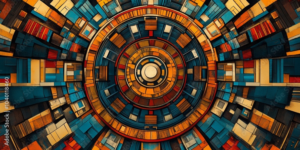 Fototapeta premium Vibrant Aztec Mandala, intricate woodcut design, bold geometric shapes, rich cultural heritage, colorful patterns, striking visual impact