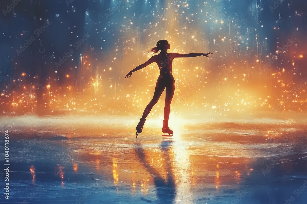 Naklejka premium Female ice skater performing under a shower of sparks on an ice rink