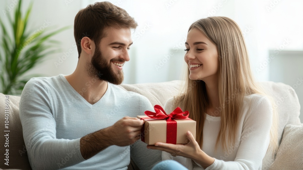 Lovely couple with gift box at home room in holiday season. Lovely couple with gift box at home room in holiday season.