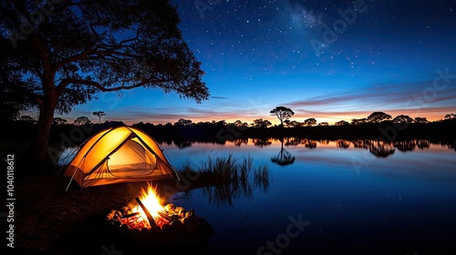 Camping tent by serene lake under starlit sky, peaceful evening scene.