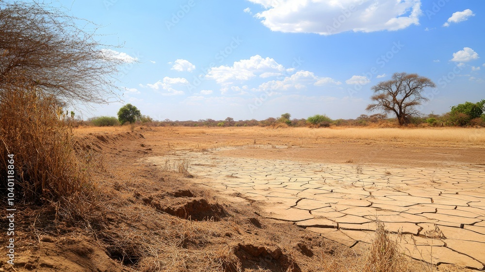 Fototapeta premium African desert with dried-up lake bed and cracked earth, leaving room for copy