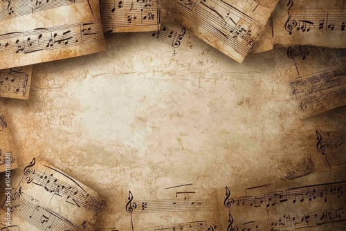 Grunge background with vintage music notes forming a frame