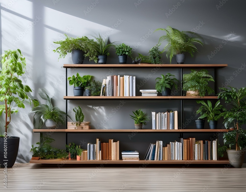 a contemporary style bookshelf adorned with plants that serves as a modern decorative element for virtual office backdrops studio backgrounds or can be printed in a large format to enhance a back