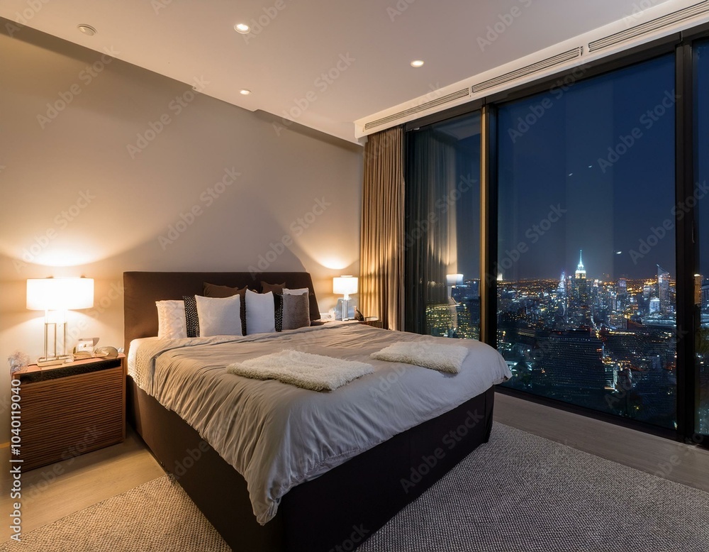 a cozy bedroom with a large window overlooking a city skyline at night the room is lit by warm lamps and features a comfortable bed with a plush duvet a cozy bedroom with a large window overlooking a city skyline at night the room is lit by warm lamps and features a comfortable bed with a plush duvet