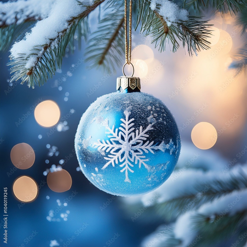 a delicate blue christmas ornament adorned with snowflakes hangs from a snow dusted evergreen branch the background a blur of soft twinkling lights and falling snow a delicate blue christmas ornament adorned with snowflakes hangs from a snow dusted evergreen branch the background a blur of soft twinkling lights and falling snow