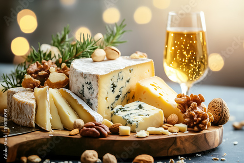 A lovely cheese board with gourmet cheeses, nuts, and bubbly—perfect for celebrations!