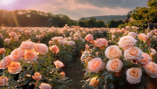 a field of delicate peach colored roses in full bloom their velvety petals unfurling in the warm sunlight creating a vibrant tapestry of color and fragrance