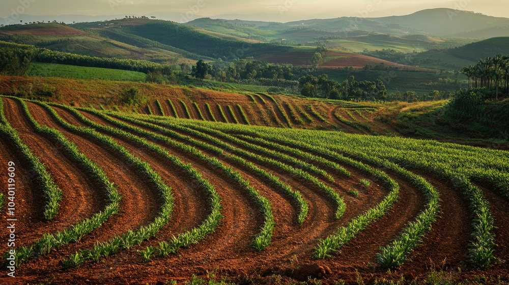 African farmland with neat rows of crops, leaving space for text in the fields African farmland with neat rows of crops, leaving space for text in the fields