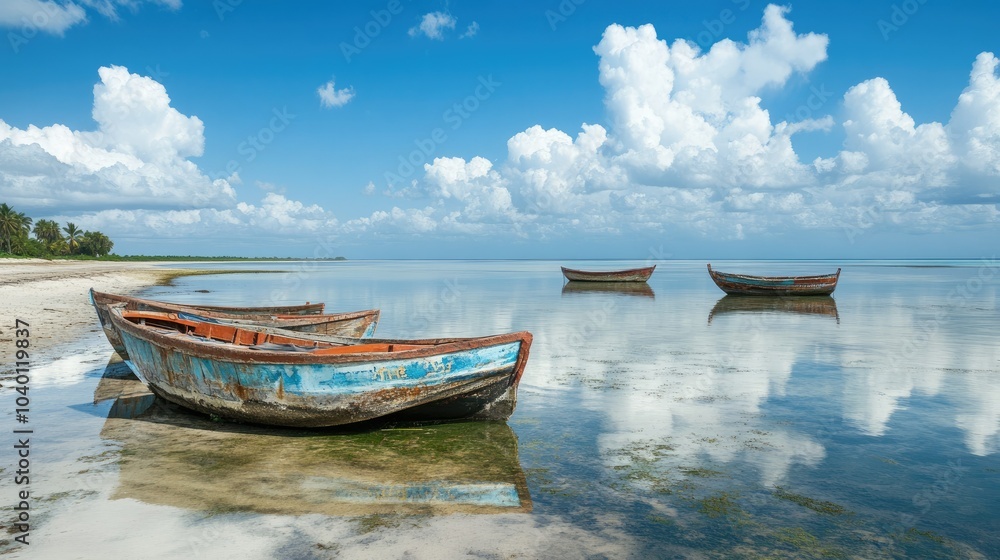 African fishing boats on a calm shoreline with space for text in the sky African fishing boats on a calm shoreline with space for text in the sky