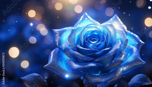 a luminous heart of glittering light shimmers amidst the soft glow of a blue rose in a dreamscape setting