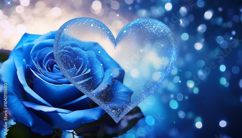 a luminous heart of glittering light shimmers amidst the soft glow of a blue rose in a dreamscape setting
