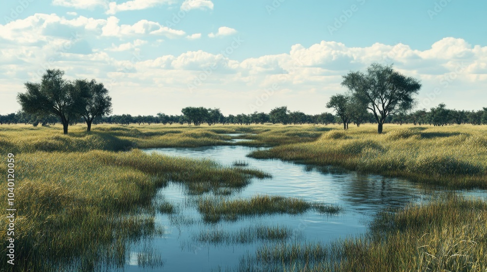 Fototapeta premium African floodplain with scattered pools of water, leaving space for copy