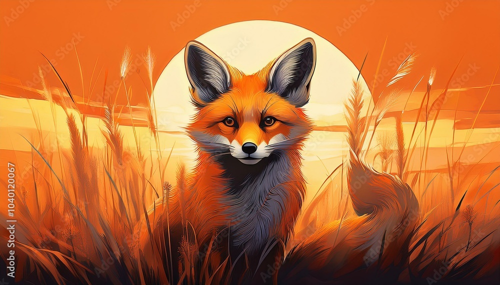 Obraz premium a painting depicts a small fox amidst tall blades of grass against an orange sky
