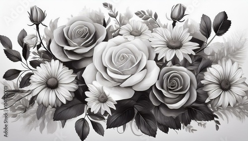 a monochromatic illustration featuring a cluster of roses and daisies set against a pure white backdrop allowing space for written content