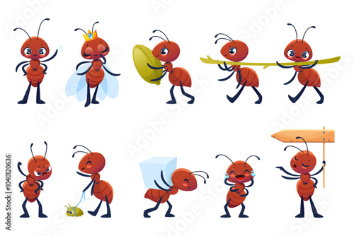 Cartoon ants characters. Cute little insects perform different actions and emotions, funny childish mascots work and relax, wildlife forest creatures, adorable beetle vector flat isolated set