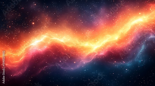 Abstract cosmic background with vibrant red, orange, and blue nebulae against a starry dark backdrop.