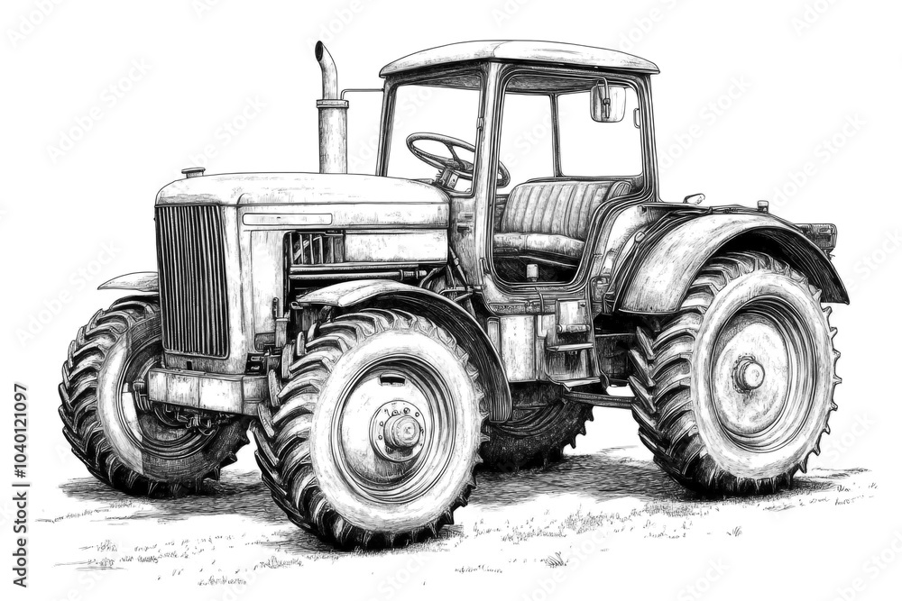 Obraz premium Powerful modern tractor standing on a farmland illustration. Children's coloring page