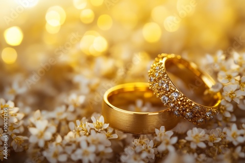 Two golden wedding rings resting on a glittering gold surface