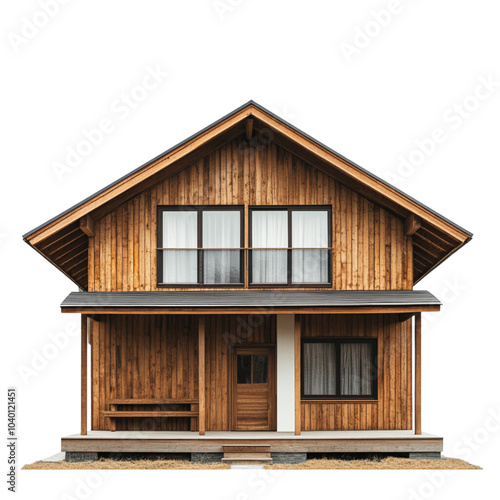 a modern rustic house with wooden walls, front view on a white background