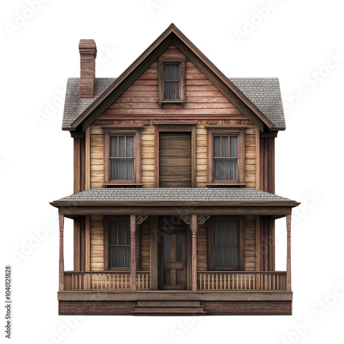 a modern rustic house with wooden walls, front view on a white background