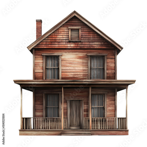 a modern rustic house with wooden walls, front view on a white background