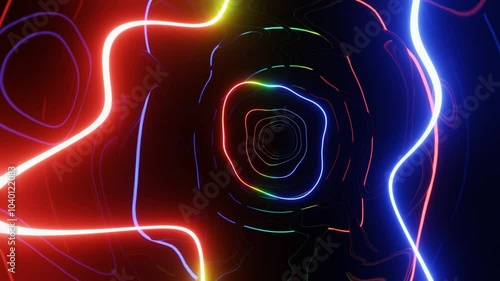 Hi-tech neon sci-fi tunel. Trendy neon glow lines form pattern and construction in mirror tunnel. Neon pattern, signal. Fly through technology cyberspace. 3d looped seamless 4k bright youth background photo