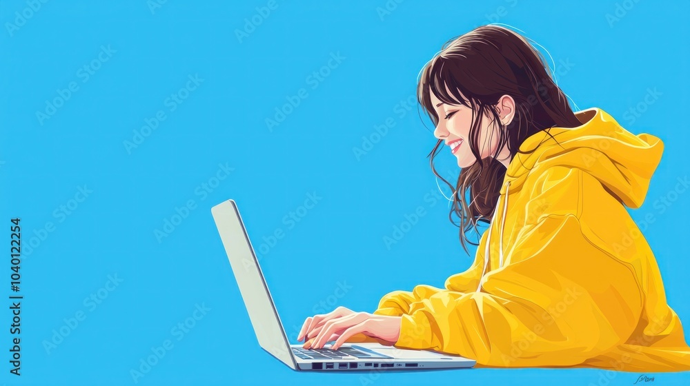 Beautiful girl in a yellow hoodie is smiling and typing on a laptop, bright blue background, anime style, vector illustration, high resolution, high detail, digital art Beautiful girl in a yellow hoodie is smiling and typing on a laptop, bright blue background, anime style, vector illustration, high resolution, high detail, digital art