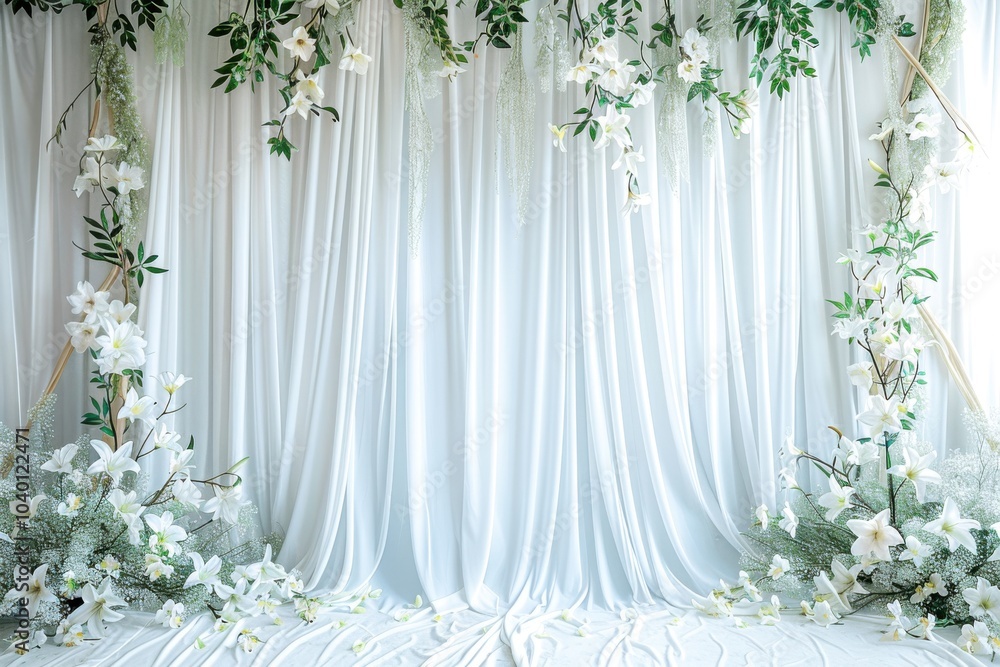 Neoclassical style pale blue studio backdrop with a matte finish, white satin curtains with light gold embroidery, complemented by clusters of white lilies and trailing ivy Neoclassical style pale blue studio backdrop with a matte finish, white satin curtains with light gold embroidery, complemented by clusters of white lilies and trailing ivy