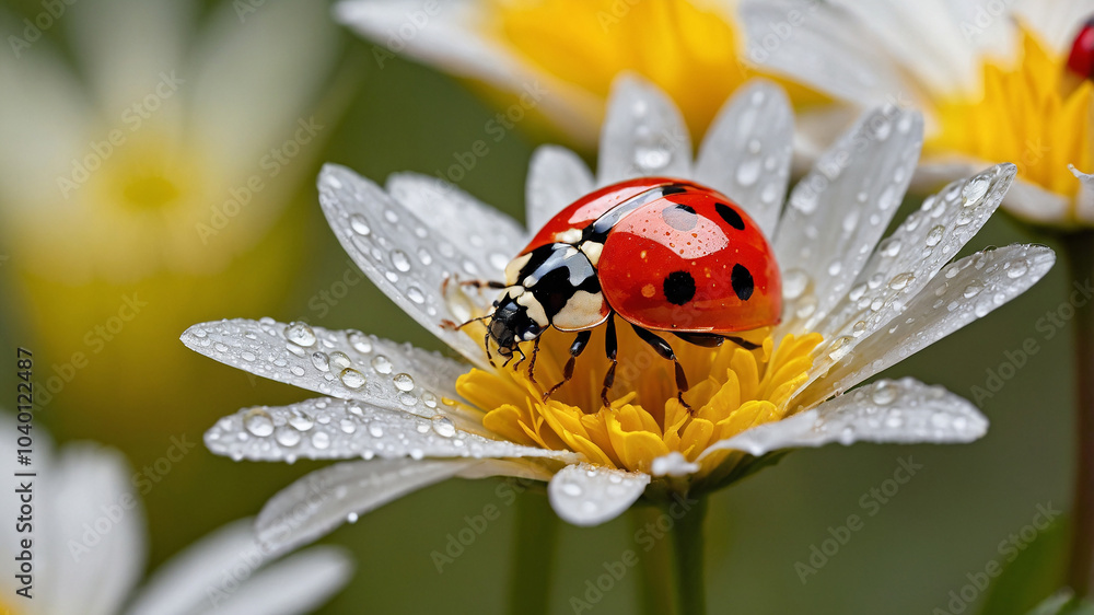 Fototapeta premium Ladybug resting on dewy daisy flower in a serene garden setting bathed in soft natural morning light.