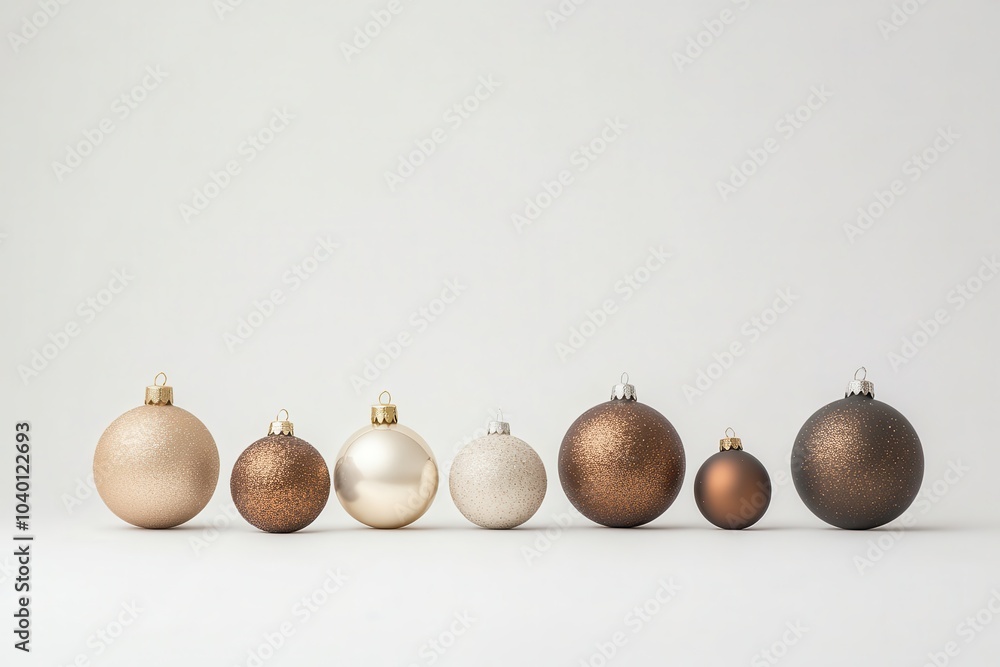 Elegant arrangement of metallic christmas ornaments in neutral colors on a minimalist background Elegant arrangement of metallic christmas ornaments in neutral colors on a minimalist background