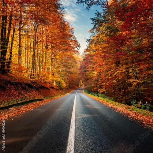 autumn forest road with colorful trees and leaves lining the route