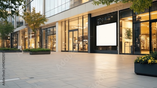 Modern shopping center with bright storefronts and blank digital billboard