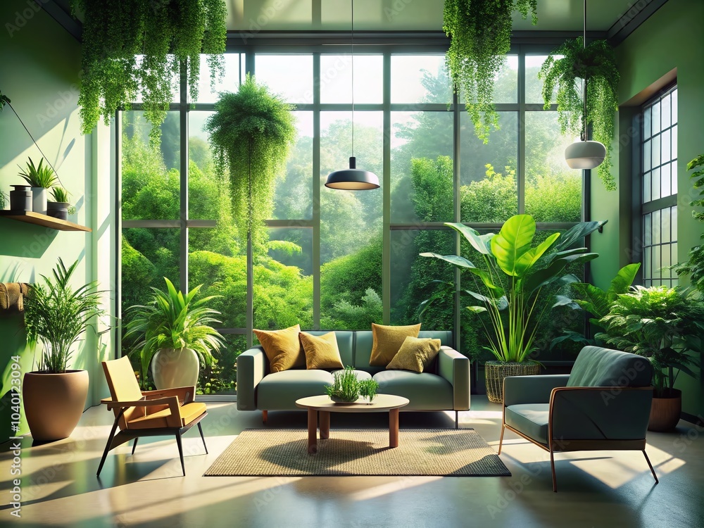 Fototapeta premium Modern Empty Room Decorated with Indoor Plants for a Serene Atmosphere